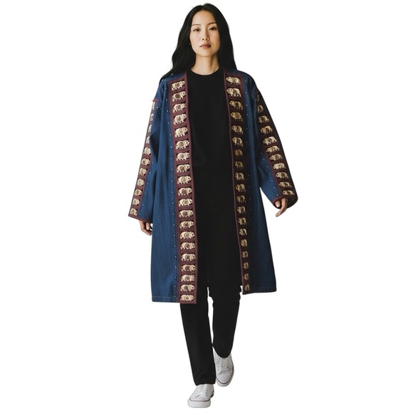 Vintage Denim Maxi Coat w/Wooden Elephant Bone Inserts Blue Jean Women’s Large - Picture 7 of 16